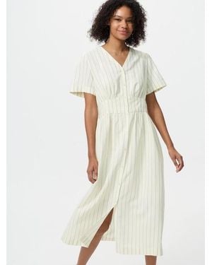Uniqlo Linen Blend V Neck Dress (Short Sleeve, Striped) - White