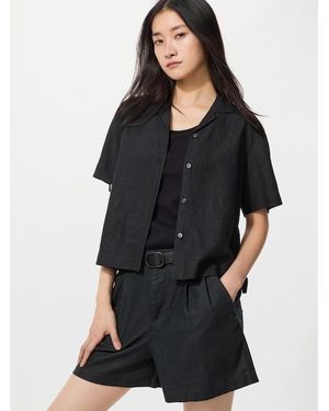 Uniqlo Linen Blend Open Collar Shirt (Short Sleeve) - Black