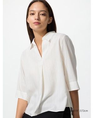 Uniqlo Rayon Skipper Collar Blouse (3/4 Sleeve, Striped) - White