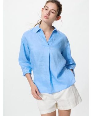Uniqlo 100% Premium Linen Skipper Collar Shirt (3/4 Sleeve) - Blue
