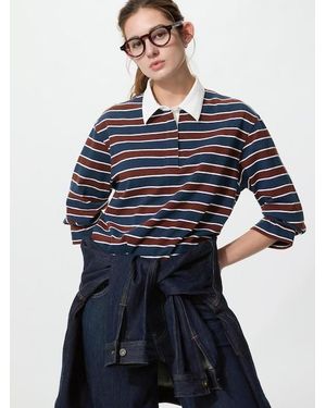 Uniqlo Washed Cotton Polo Shirt (Striped, Long Sleeve) - Blue