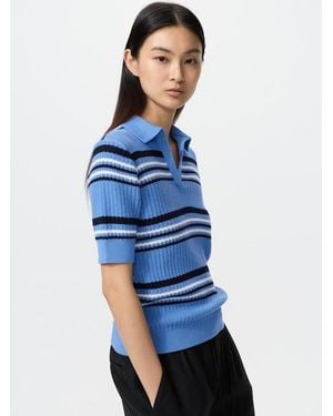 Uniqlo Cotton Pointelle Skipper Polo Jumper (Short Sleeve, Striped) - Blue
