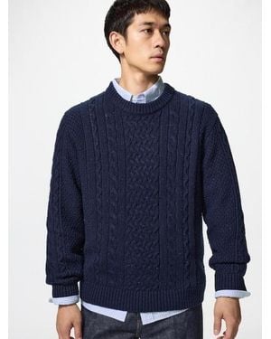 Uniqlo Low Gauge Cable Knit Crew Neck Jumper - Blue