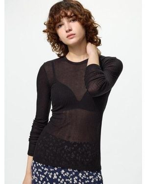 Uniqlo Heattech Cashmere Blend Pointelle Crew Neck Long Sleeve T-Shirt - Black