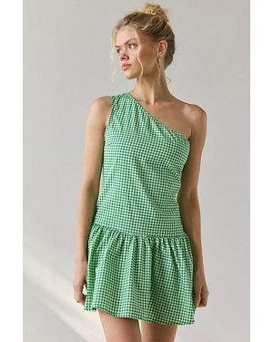 Motel Munasa One-Shoulder Drop Waist Gingham Mini Dress - Green