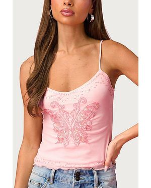 Edikted Barbie Bead & Sequin Butterfly Mesh Top - Pink