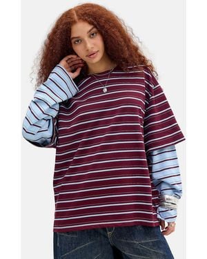Lioness Botegga Stripe Double-layer Oversized Tee Xs At Urban Outfitters - Red