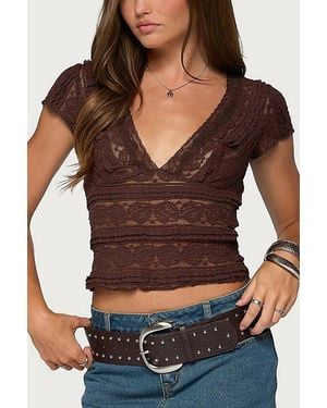 Edikted Avalee Sheer Lace V Neck Top - Black