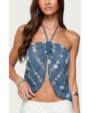 Edikted Beaded Floral Split Front Halter Top - Blue