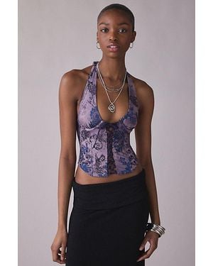 Out From Under Sasha Lace-Up Plunging Halter Neck Corset Top - Purple
