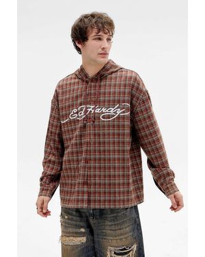 Ed Hardy Uo Exclusive Red Check Hooded Shirt - Brown