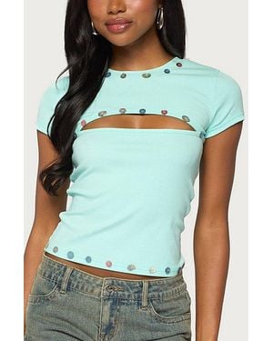 Edikted Suda Iridescent Button Cutout T Shirt Top - Green