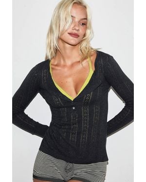 Out From Under Pointelle Henley Top - Black