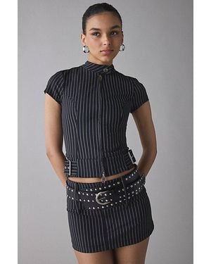 Silence + Noise Too Fast Mockneck Zip Up Short Sleeve Top - Black