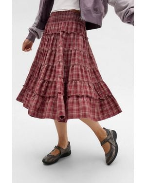 Kimchi Blue Ella Check Prairie Midi Skirt - Red