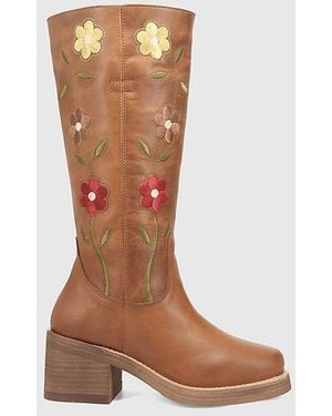 Dingo Bloom Embroidered Leather Boot - Brown