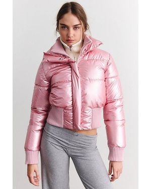 BDG Fireside Cropped Funnel Neck Puffer Jacket - Pink