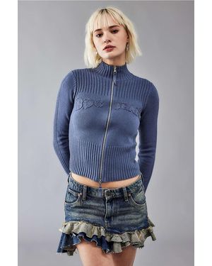 BDG Zip-through Distressed Applique Knit Track Top - Blue
