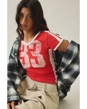 BDG 33 Jersey Graphic V-Neck Baby Tee - Red