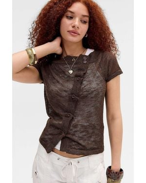 BDG Rue Slash Neck Asymmetric Button Knit Top - Black