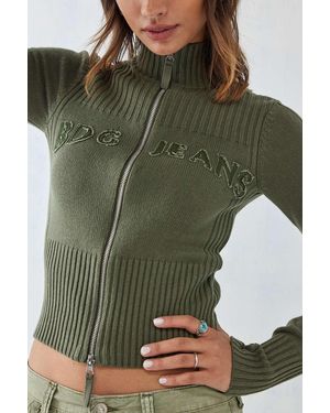 BDG Zip-through Distressed Applique Knit Track Top - Green