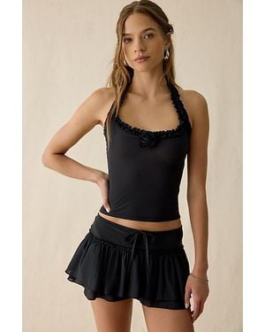 Out From Under Blossom Ruffle Trim Mesh Halter Top - Black