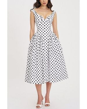 Miss Circle Rahma Polka Dot Drop Waist Midi Cotton Poplin Dress - White