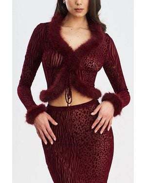 Miss Circle Hali Animal Print Burnout Velvet Fur Trim Top - Red