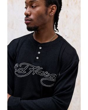Ed Hardy Uo Exclusive Signature Knitted Henley Top - Black