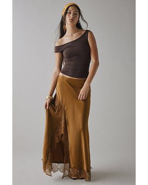 Kimchi Blue Saqi Asymmetrical Lace Trim Satin Maxi Skirt - Brown