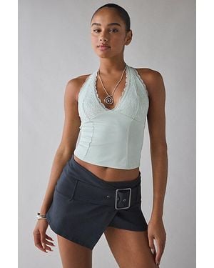 Urban Outfitters Uo Luna Mixed Lace Trim Plunge Halter Top - Gray