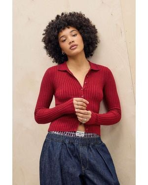 BDG Denver Ribbed Knit Polo Top - Red