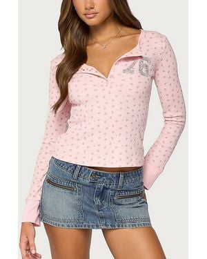 Edikted 76 Rhinestone Floral Henley Top - Pink