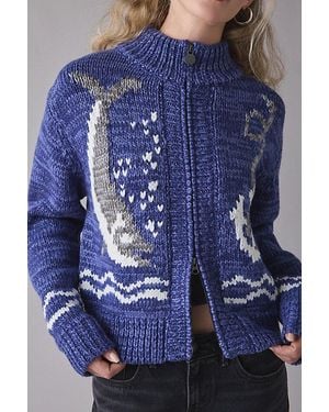 BDG Isla Sailboat Patterned Knit Zip-Up Sweater - Blue