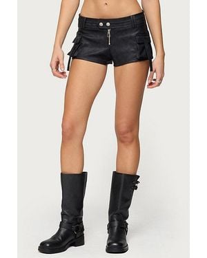 Edikted Washed Faux Leather Micro Cargo Shorts - Blue