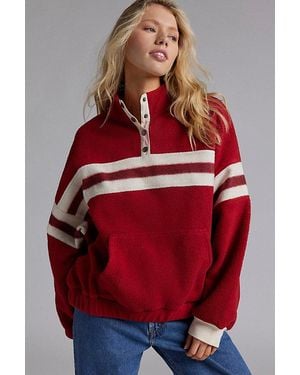 BDG Lodge Printed Fleece Quarter Snap Pullover Top - Red