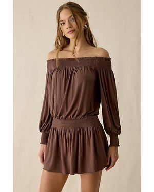 Urban Outfitters Uo Night Shift Jersey Knit Off-The-Shoulder Long Sleeve Mini Dress - Brown
