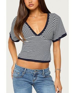 Edikted Primrosa Striped V Neck Flutter Top - Blue