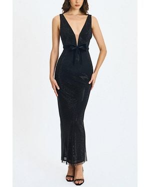 Miss Circle Olympia Belted Bow Plunging Rhinestone Maxi Dress - Blue