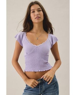 Kimchi Blue Only You Flutter Sleeve Lace Trim Pointelle Tee - Purple