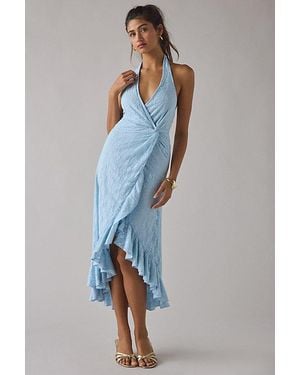 Urban Outfitters Uo Get It Twisted Knot-Front Halter Neck Lace Midi Dress - Blue