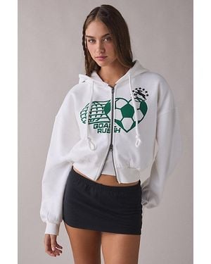 BDG Delaney Goal Rush Graphic Cropped Zip-Up Hoodie Sweatshirt - Grey