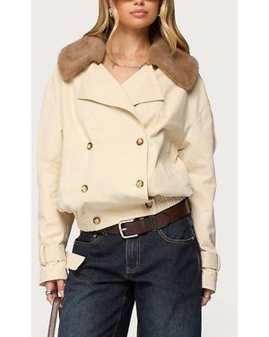 Edikted Detachable Faux Fur Trench Coat Jacket - Natural