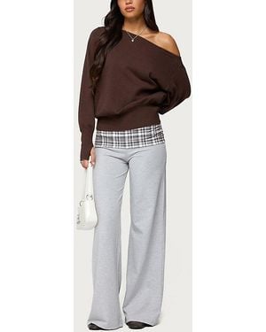 Edikted Kimmy Plaid Foldover Waist Pants - Gray