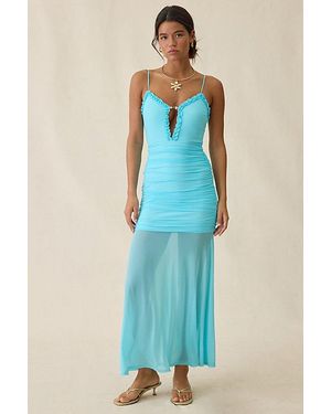 Urban Outfitters Uo Azurine Plunging Keyhole Sheer Illusion Mesh Maxi Dress - Blue