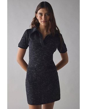 Urban Outfitters Uo Golden Hour Ribbed Knit Short Sleeve Collared Mini Dress - Black