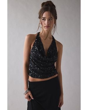 Urban Outfitters Uo Cynthia Sequin Plunging Cowl Neck Halter Top - Black