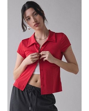 Kimchi Blue Lala Button-Down Cropped Tee Top - Red