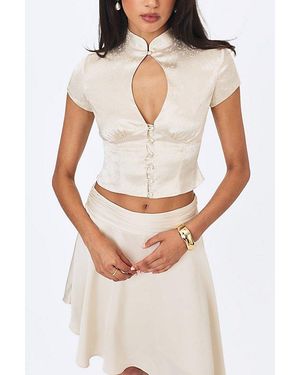 Miss Circle Galilea Floral Jacquard Keyhole Mandarin Collar Top - White