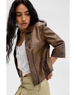 Kimchi Blue Taylor 3/4 Sleeve Faux Leather Pea Coat Jacket - Brown